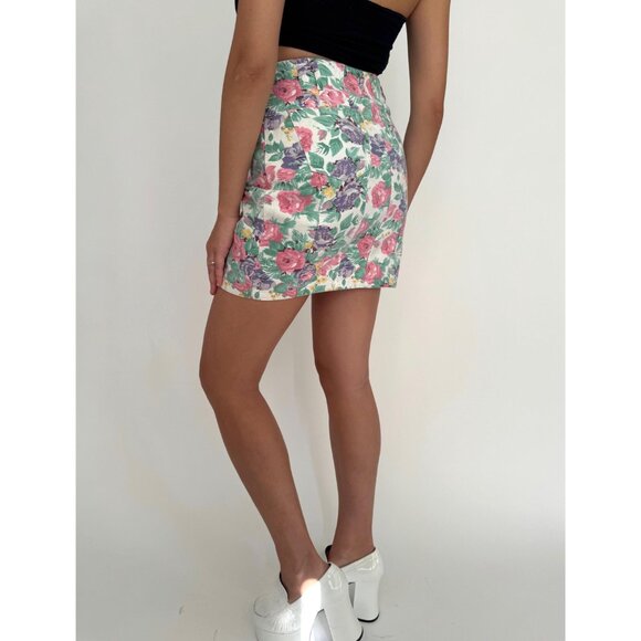 90s vintage pastel floral print high waist rise button up denim jean mini skirt - Picture 3 of 9
